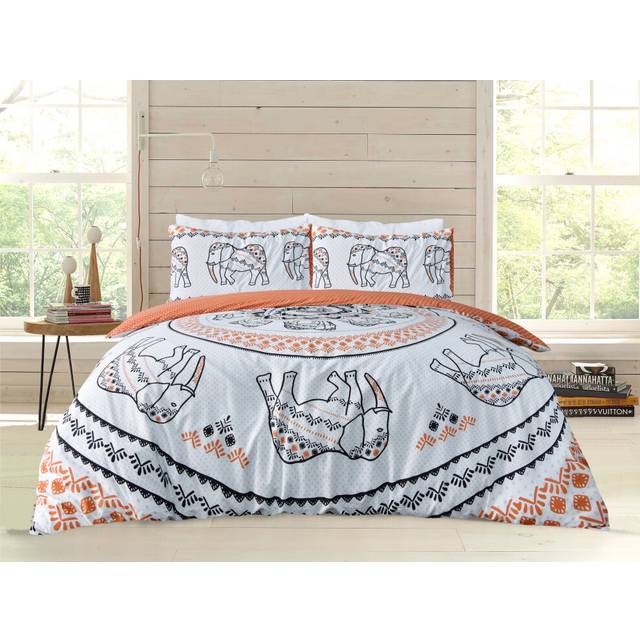 Printed Reversible Polycotton Tribal Elephant Duvet Cover With Pillowcases - Burnt Orange - Double
