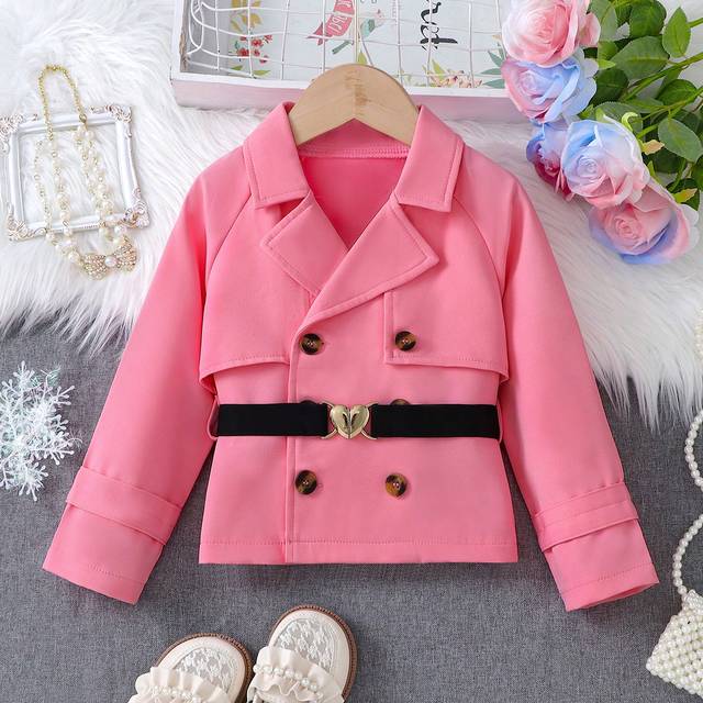 SHEIN Toddler Girls Spring/Autumn Turndown Collar Short Jacket And Elastic Heart-Decor Belt, Children Fashionable Street Casual Windbreaker