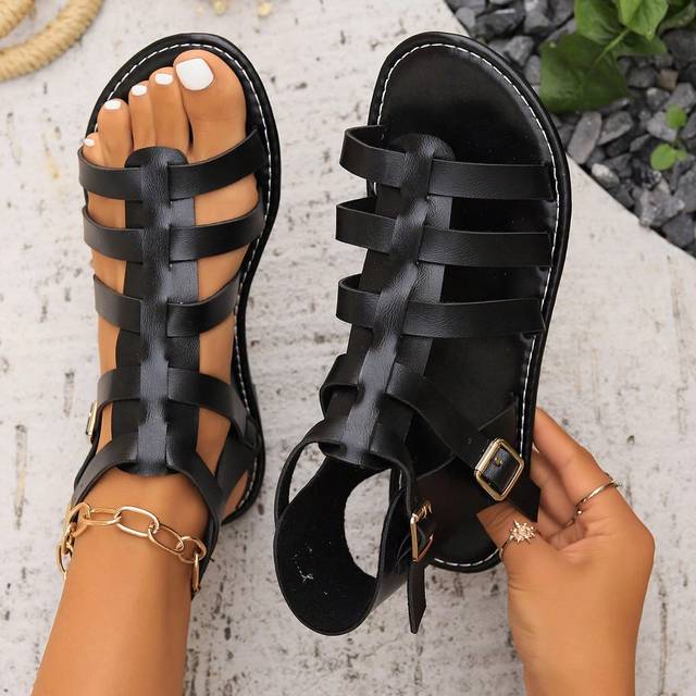 SHEIN New Summer Women&#39;s Fashionable Woven Decorated Round Toe Flat Sandals, Roman Holiday Style, Plus Size Outdoor/Travel/Student Black & Brown Sandals