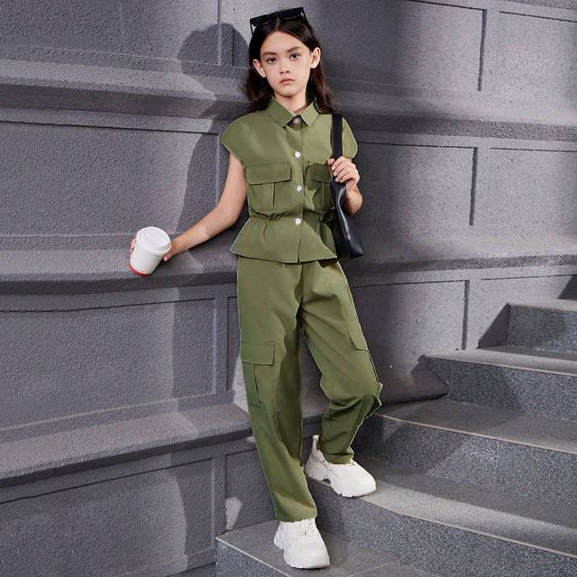 SHEIN Tween Girl Short Sleeve Collared Top With Front Buttons And Pleats, And Long Pants Set