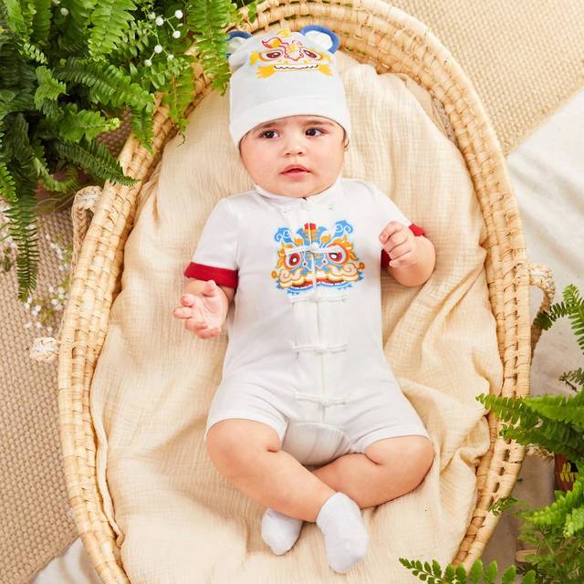 SHEIN Newborn Baby Boy Chinese Style Button-Up Short Sleeve Romper With Manderin Collar, Tiger Head Hat, And Matching Pants Set