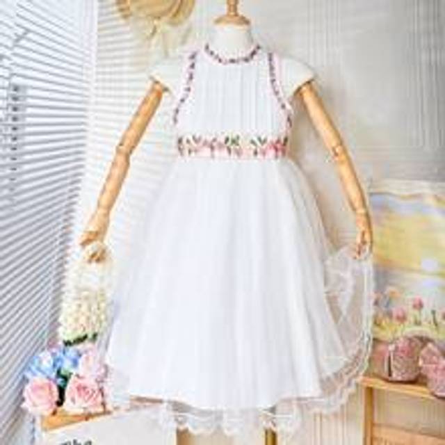 Tween Girls Blommig Broderad Off-Soulder Mesh Klänning - Vitt (8Y,9Y,10Y,11Y,12Y)