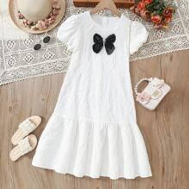 Tween Girl Elegant Jacquard Puff Sleeve A-line klänning med rosettdekoration för sommaren - Vitt (8Y,9Y,10Y,11Y,12Y)
