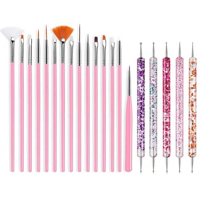 SHEIN 20pcs Pink Nail Art Brush Set For Uv Gel Polish Drawing Painting Flower Design Silicone Dotting Pen Rhinestone Picker Manicure Tools