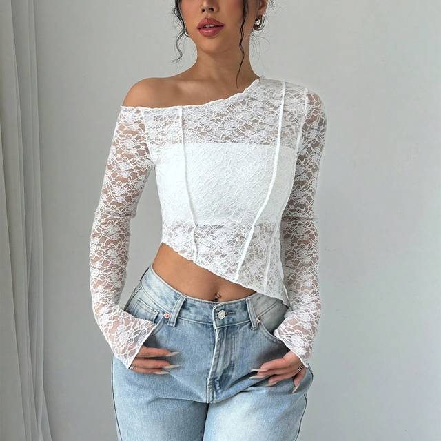 Chiquease Women&#39;s Solid Color Lace Asymmetrical Hem Long Sleeve Blouse