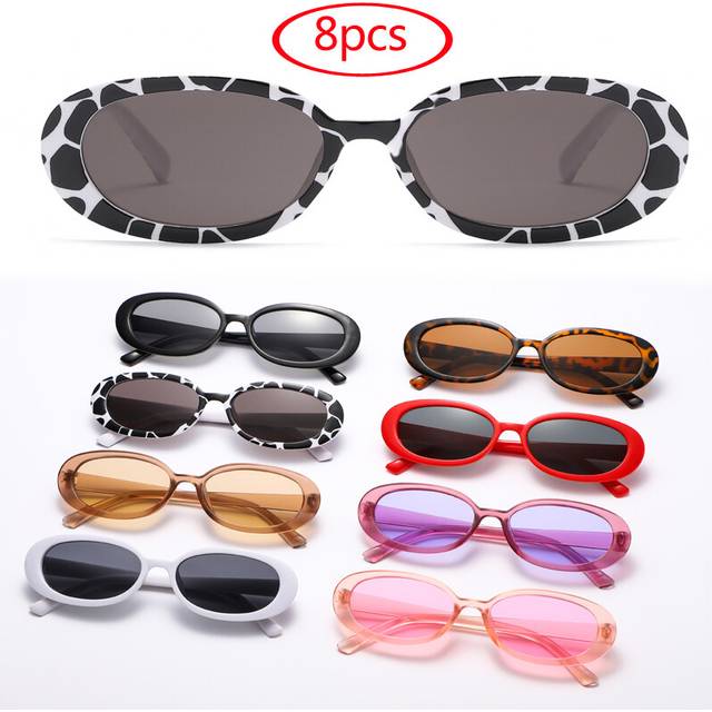 (8pcs, show as picture) 8pcs Small Oval Sunglasses Women Vintage Brand Retro Black White Sun Glasses