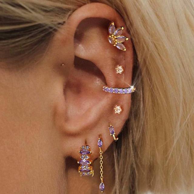 SHEIN 7pcs/Set Delicate Purple Cubic Zirconia Earrings With Simple And Elegant Style, Suitable For Ladies For Dating, Parties, Daily And Office Wear