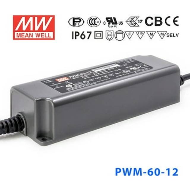 MW Mean Well PWM-60-12DA LED driver Konstantspänning 60 W 5 A 12 V/DC Dali, dimbar, Montering på brandfarliga ytor, möbelregistrering, Outdoor,
