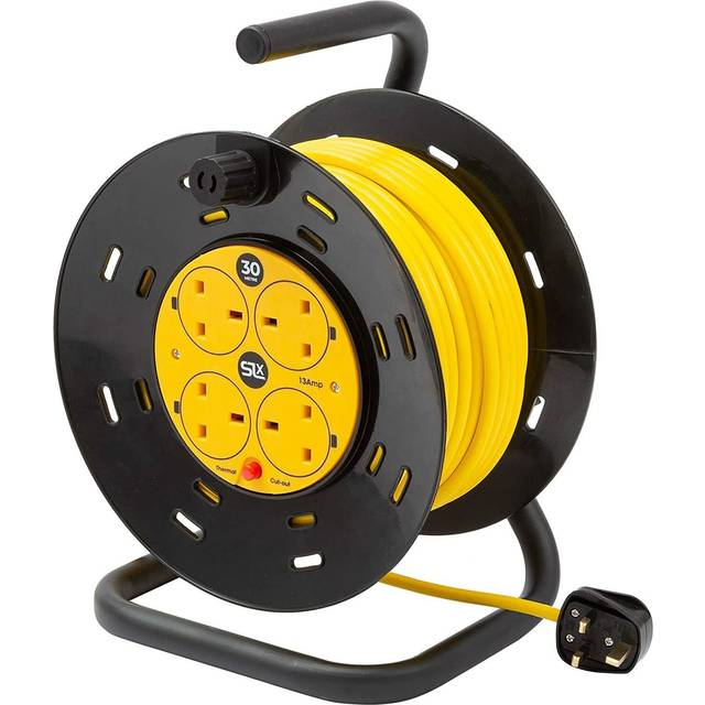 Extension Lead 30m Heavy Duty Cable Reel, 4 Socket Cord Reel UK Plug Socket with Thermal Cut-Out Protection 13A Fused Plug