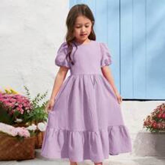 Ung flicka vävd enfärgad lös passform avslappnad klänning med rund halsringning - Mauve Lila (6Y,7Y,4Y,5Y)