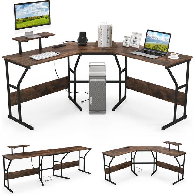 L-shaped Desk Corner Computer Desk with Movable Monitor Stand-Rustic Brown