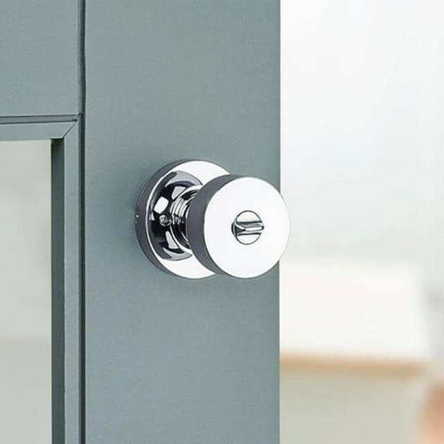 Kwikset Pismo Interior Privacy Door Knob with Lock  Door Handle for Bathroom and Bedroom  Satin Brass  Round  Keyless Turn Lock Doorknob  Microban Pro