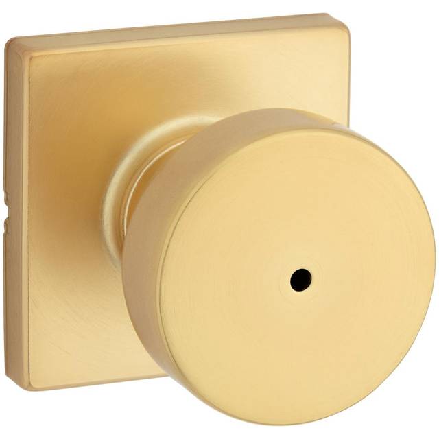 Kwikset Pismo Interior Privacy Door Knob with Lock  Door Handle for Bathroom and Bedroom  Satin Brass  Square  Keyless Turn Lock