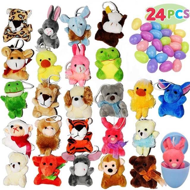 24 Pcs Prefilled Easter Eggs with Mini Stuffed Animal Plush Toys Keychain for Kids, Plastic Easter Egg Easter Basket Stuffer Filler for Easter Egg