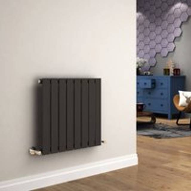 Elegant - 600x608mm Anthracite Designer Radiator Horizontal Flat Panel Single Panel Radiator with Angled Radiator Valves