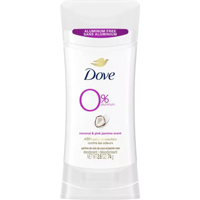 Dove 0% Aluminum Deodorant Stick Non-irritating Deodorant for Underarm Care Coconut and Pink Jasmine Kindest Aluminum Free Deodorant 2.6 oz