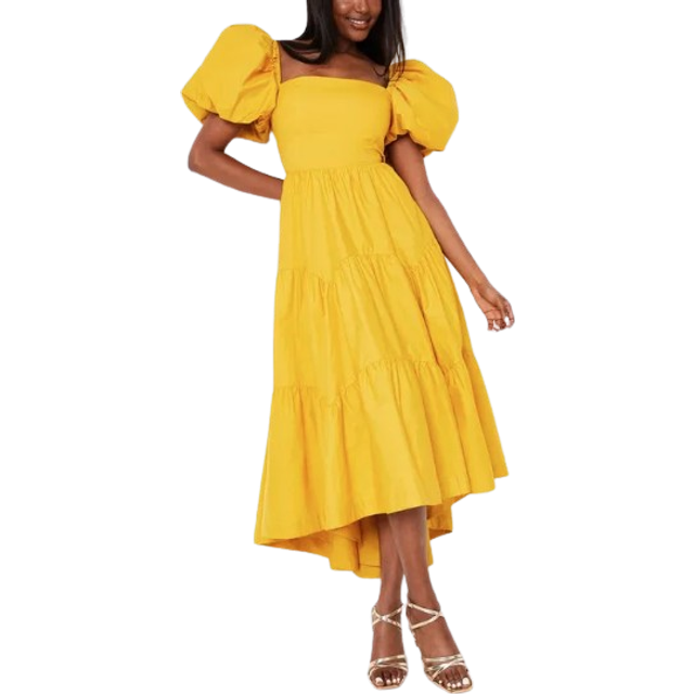 Puff Sleeve Tiered High Low Maxi Dress - Yellow - 14