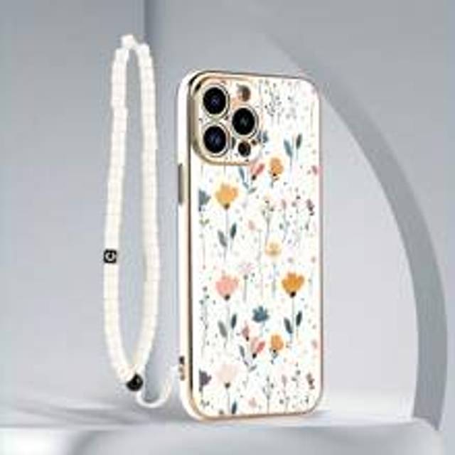 1 st. vitt TPU-galvaniserat, blommönster, fallsäkra telefonskal och 1 st. vitt pärlhalsband - Multifärgad (Multi-size)