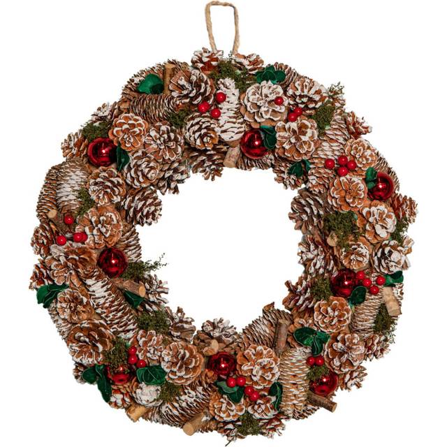Samuel Alexander 50Cm Hanging Christmas Yulefest Wreath With Red Baubles & Snow Tipped Pine Cones - One Size
