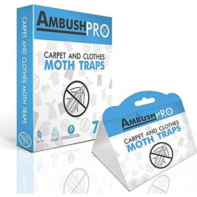 Ambush Pro CARPET AND CLOTHES MOTH TRAPS. 7 Pack of Toxin-Free, Sticky Pheromone Traps that attract and kill Carpet Moths and Clothes Moths.