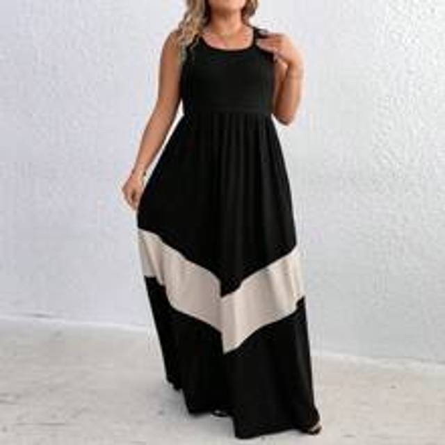 Plus size kvinnors sommarfärgblock ärmlös midilängd fritidsklänning med rund halsringning Maxi damoutfit - Kaki (0XL,1XL,2XL,3XL,4XL,5XL)