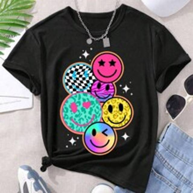 Tween Girl Street-Style Graffiti & Smile Face tryckt Cool T-shirt - Svart (8Y,9Y,10Y,11Y,12Y)