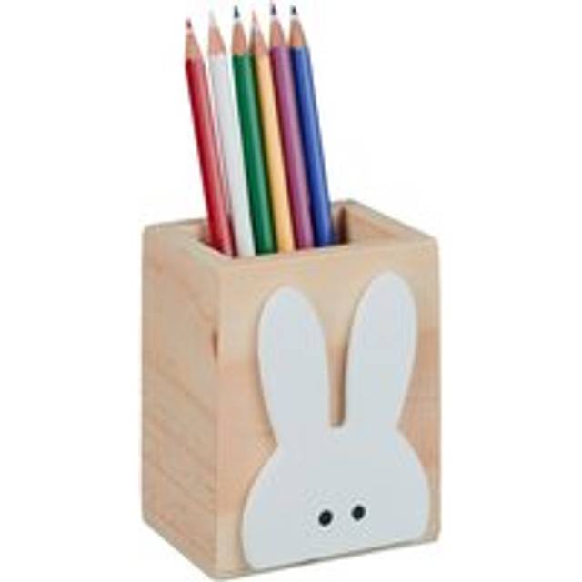 Relaxdays - Relxdays Pen Holder, Cute Bunny Motif, Stationery & Small Items Storage, Pine Wood, hwd: 10 x 8 x 6 cm, Natural/White