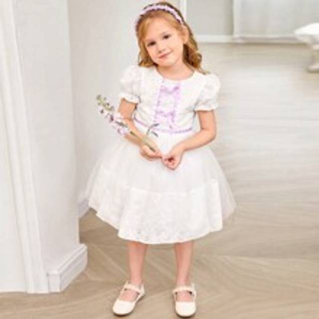 Ung flicka Härlig elegant vit puffärm medellång kortärmad klänning - Vitt (6Y,7Y,4Y,5Y)