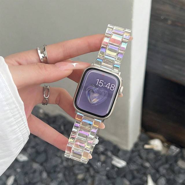 SHEIN 1pc Women Fashion Transparent Rainbow Resin Watch Strap Compatible With Apple Watch Band 38mm 40mm 41mm 42mm 44mm 45mm 46mm Ultra 49mm Clear Steel Col