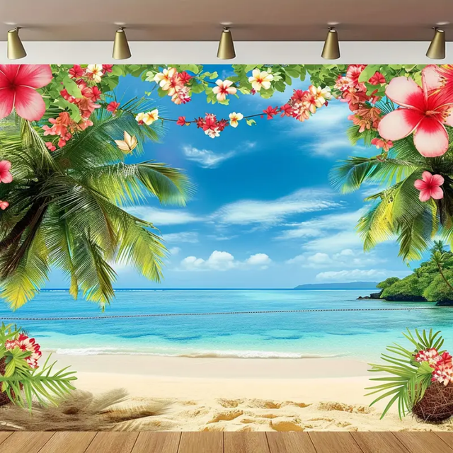 SHEIN 1pc Vibrant Hawaiian Beach Backdrop - Tropical Flower Palm Design, Durable Polyester Material, Perfect For Indoor & Outdoor Photography, Hawaiian Part
