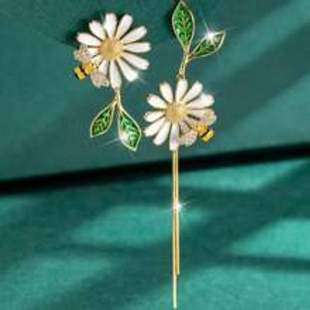 1 par minimalistisk och moderiktig design Daisy-serien, bee, blomstermålning, oljedroppe, löv, asymmetriska, långa tofsörhängen, lämpliga för dagligt - Multifärgad (En-Storlek)