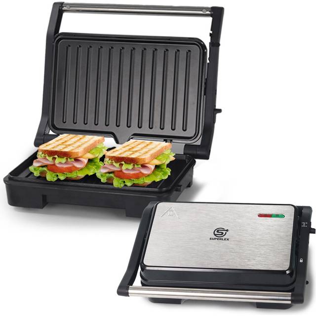 SUPERLEX 2-In-1 Panini Grill, Delicious Sandwich Maker, Electric Indoor Grill With Easy-Clean Coated Non-Stick Cooking Plate For Easy Cleaning, Stainless Steel