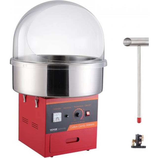 VEVOR elektrisk sockervaddsmaskin, 1000 W godismaskin, kommersiell sockervaddsmaskin med lock, skål i rostfritt stål, sockerskopa, låda, perfekt för hemmabarnsfödelsedag, familjefest, röd