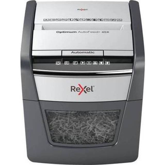 Rexel Optimum AutoFeed+ 45 x automatisk dokumentförstörare, 45 ark automatiskt, säkerhetsnivå P4, partikelskärning, för hem/hemmakontor, 20 liter avfallsbehållare, 2020045XCH