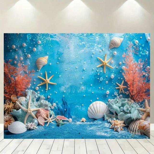 SHEIN New Ocean Mermaid Party Background Cloth: Underwater Blue Photography Background, Adorned With Faux Pearl Starfish And Shells, Suitable For Birthday A