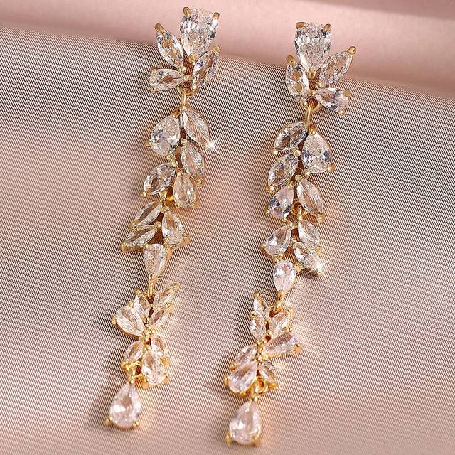 SHEIN 1 Pair Luxury Long Tassel Leaf CZ Dangle Earrings For Women Girl Crystal Drop Earrings Engagement Wedding Banquet Prom Jewlelry Gift