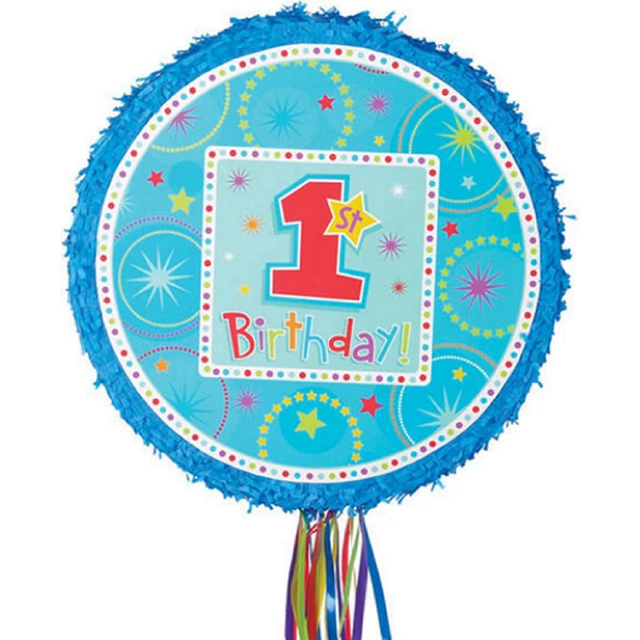 1. Geburtstag Zugpinata, Birthday Boy, mit bunten Bändeln, 20 Bändel