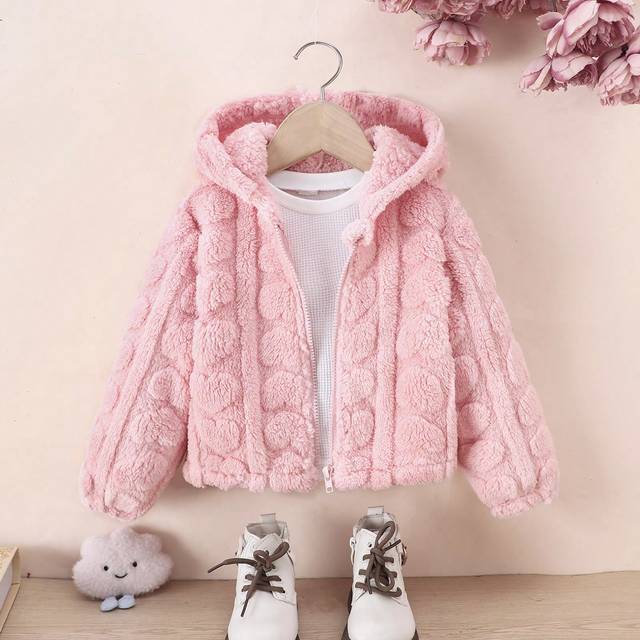 SHEIN Young Girl Pink Fleece Jacket With Zipper Front, Heart Jacquard, Hooded Cardigan For Fall/Winter Daily Wear, Warm Girls Coat, Toddler Girl Jacket, Gir