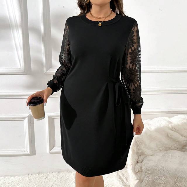 SHEIN Plus Size Casual Elegant Lace Patchwork Waist Gathered Knitted Dress
