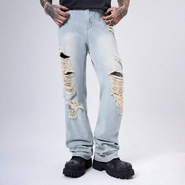 Manfinity Men&#39;s Vintage Washed Dark Color Distressed Baggy Straight Leg Jeans