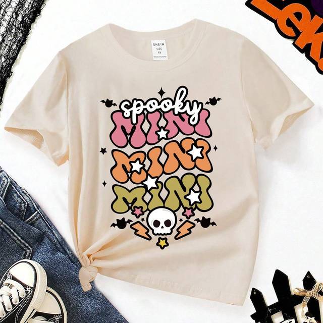 SHEIN Girls&#39; Casual Fashionable Halloween Skull & Colorful Letter Graphic Print Basic Short Sleeve T-Shirt