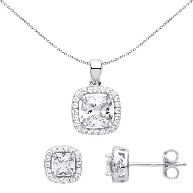 Jewelco London Ladies Rhodium Plated Sterling Silver Cushion CZ TV Square Halo Solitaire Earrings Necklace Set - GSET625