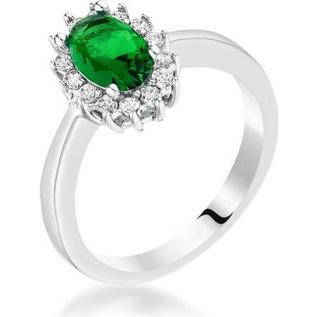 Silvertone Emerald Green Cubic Zirconia Oval-Cut Halo Engagement Ring