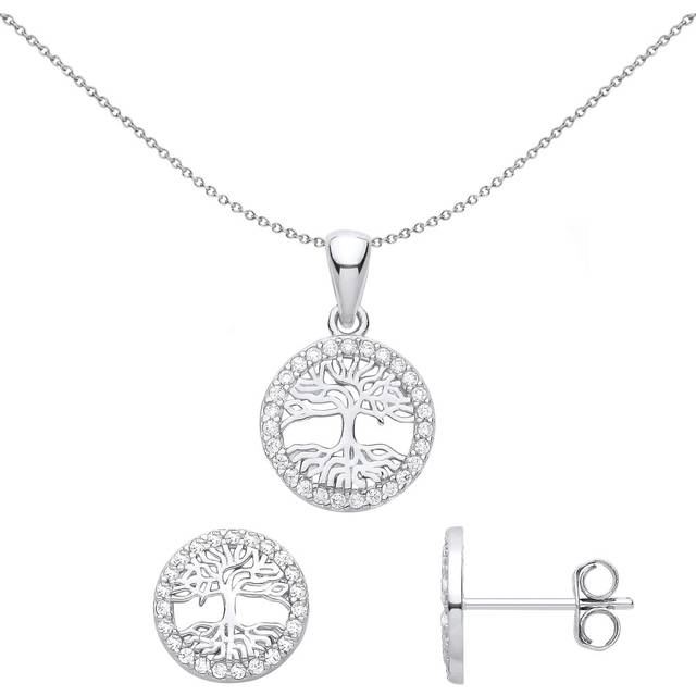 Jewelco London Ladies Rhodium Plated Sterling Silver CZ Circle of Life Tree Halo Earrings Necklace Set - GSET655