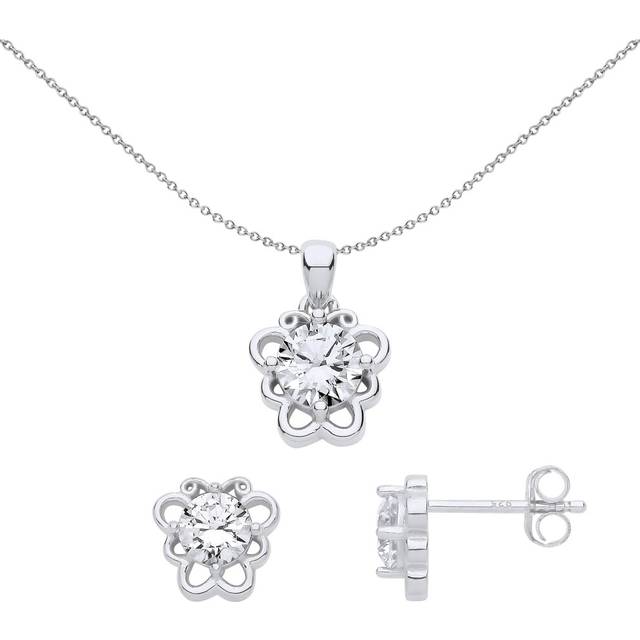 Jewelco London Ladies Rhodium Plated Sterling Silver CZ Butterfly Scrolls Solitaire Earrings Necklace Set - GSET653