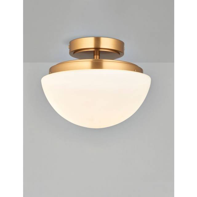 John Lewis Fredriksberg Opal Glass Shade Semi Flush Bathroom Ceiling Light, Brass