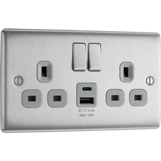 BG Nexus 13A Double Switched Power Socket with USB A&C, 12W - Brushed Steel