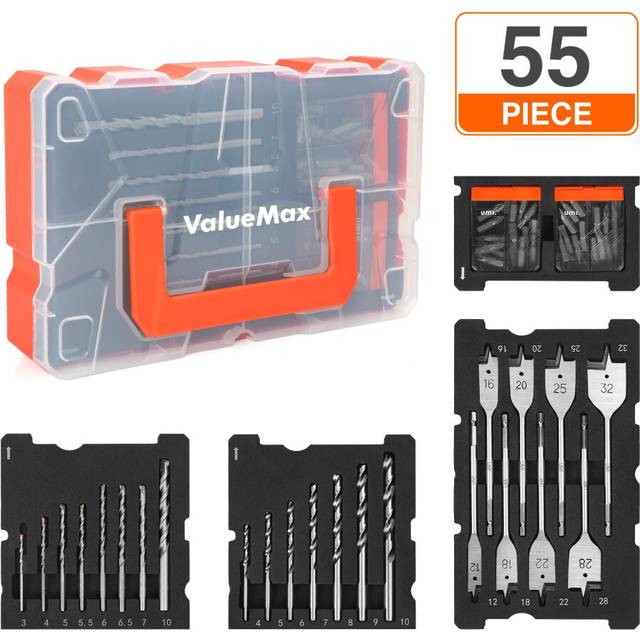55pc Drill and Screwdriver Bit Sets - Includes HSS Twist Drill Bits, Masonry Drill Bits, Spade Drill Bits, Cr-V
