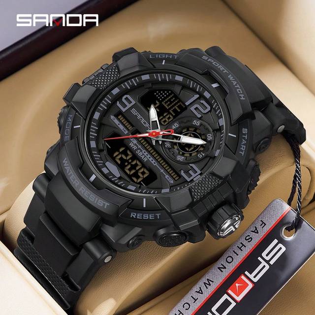 SANDA SANDA Men Watch Digital Quartz Dual Time Military Sport Wristwatch Top Brand Luxury Original Multifunction Alarm Date Week Stopwatch Waterproof Male E