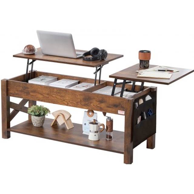 VEVOR Lift Top Coffee Table, 47.5 in Rectangle Coffee Table with Extra Storage Pockets, Pop Up Coffee Table for Living Room, Brown